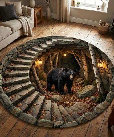Forest Bear Woodland Round Rug — Nature-Inspired Circular Area Rug With Bear Motif, Soothing Green Tones, Soft Pile & Anti-Skid Backing For Nursery