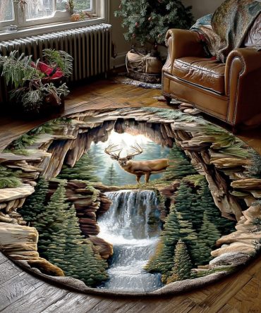 Forest Deer Round Area Rug - Woodland Deer Pattern Rug For Living Room, Bedroom Or Nursery, Soft Low-Pile, Non-Slip Backing