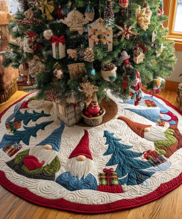 Forest Gnome Party Quilted Christmas Tree Skirt — Festive Woodland Gnome Patchwork Skirt To Enhance Holiday Celebrations