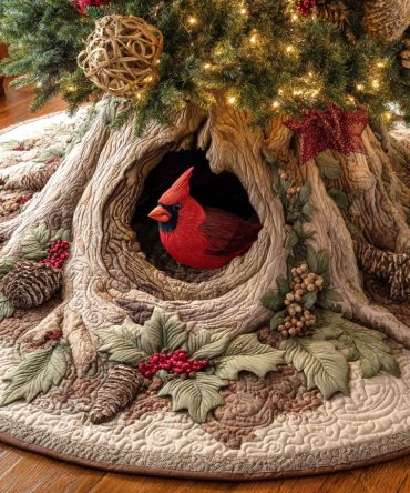 Forest Haven Quilted Christmas Tree Skirt — Rustic Woodland Holiday Skirt With Evergreen Motif, Cozy Quilted Tree Mat