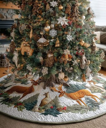 Forest Majesty Quilted Christmas Tree Skirt — Premium Holiday Tree Base Mat With Regal Woodland Embroidery & Thick Quilting For Cozy Display