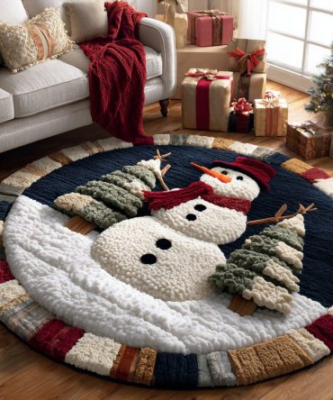 Forest Snowman Scene Round Rug — Scenic Winter Snowman Carpet For Cozy Living Rooms, Entryways & Kids Spaces, Durable Plush