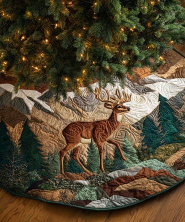 Forest Stag Quilted Christmas Tree Skirt — Woodland Stag Pattern, Warm Quilting, Natural Tones, Perfect For Cozy, Rustic Holiday Styling