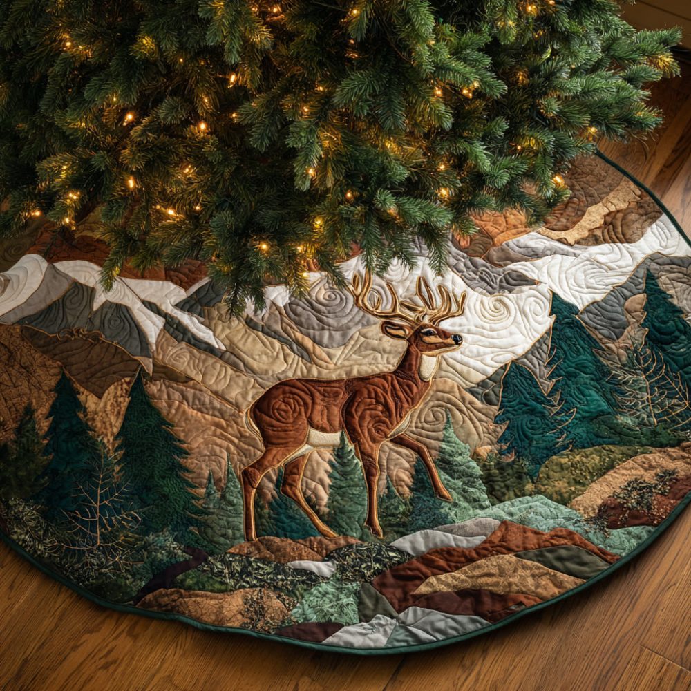 Forest Stag Quilted Christmas Tree Skirt — Woodland Stag Pattern, Warm Quilting, Natural Tones, Perfect For Cozy, Rustic Holiday Styling