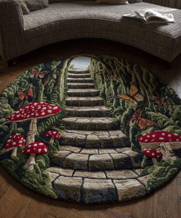 Forest Whimsy Round Area Rug - Rustic Woodland Design With Trees & Animals For Cabin, Living Room Or Kids' Play Area, Anti-Slip Backing