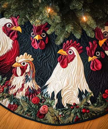 Fowl Festivities Quilted Tree Skirt — Playful Farmbird Christmas Tree Skirt With Folk Art Appliques, Quilted Holiday Accent