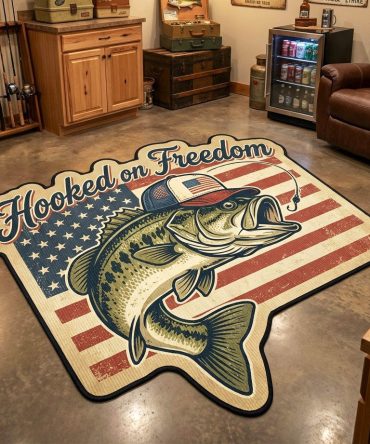 Freedom Bass Americana Rug — Patriotic Bass-Shaped Area Rug With Flag Motif, Fade-Resistant, Indoor/Outdoor Use, Non-Skid Backing, Ideal Gift