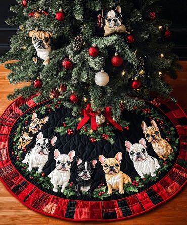 French Bulldog Cheer Quilted Tree Skirt — Festive Paw Print Holiday Base, Soft Quilted Dog-Themed Christmas Accent