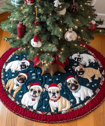 Festive Quilted Christmas Tree Skirt With Adorable French Bulldog Charm - Holiday Decor For Dog Lovers, Soft And Durable