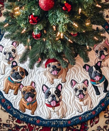 Christmas Joy Quilted Tree Skirt With Playful French Bulldog Illustration - Festive Holiday Base For Trees, Cozy & Stylish