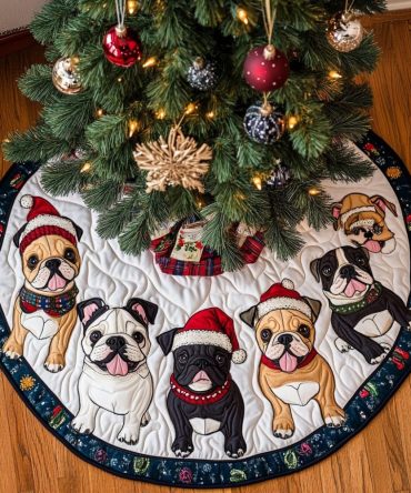 Holiday Joy Quilted Christmas Tree Skirt With Delightful French Bulldog Artwork - Festive Accent For Homes & Gifts For Dog Lovers