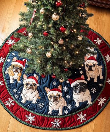 French Bulldog Holiday Quilted Tree Skirt - Bulldog-Themed Christmas Tree Skirt, Heavy-Quilted Cotton, Reversible & Machine Washable Gift