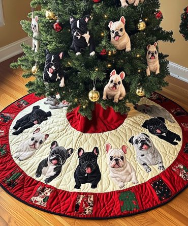 French Bulldog Joy Quilted Tree Skirt — Cheerful Holiday Base Cover, Plush Dog-Themed Christmas Décor For Pet Lovers