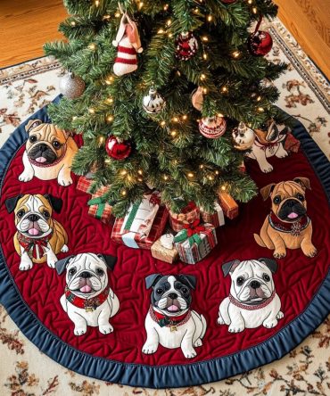 Noel Quilted Christmas Tree Skirt With French Bulldog Accent - Elegant Holiday Decor For Dog Lovers, Plush Quilted Style