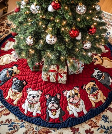 Xmas Joy Quilted Christmas Tree Skirt With Cute French Bulldog Motif - Cozy Holiday Decor For Dog Owners And Gift Giving