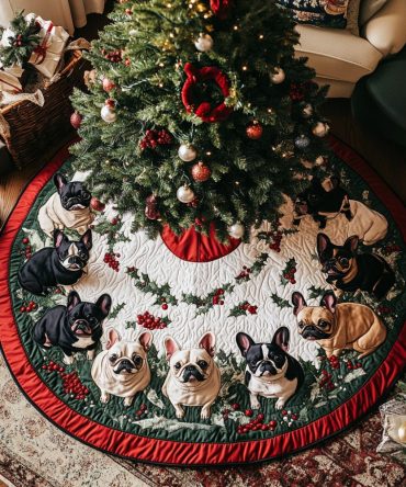 Festive French Bulldog Quilted Christmas Tree Skirt - Joyful Holiday Decor, Soft Quilting & Pet-Friendly Design To Hide Tree Stand