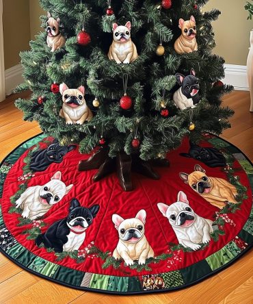 Festive Quilted Frenchie Holiday Tree Skirt — Premium French Bulldog Christmas Decor, Soft Protective Pet-Themed Accent