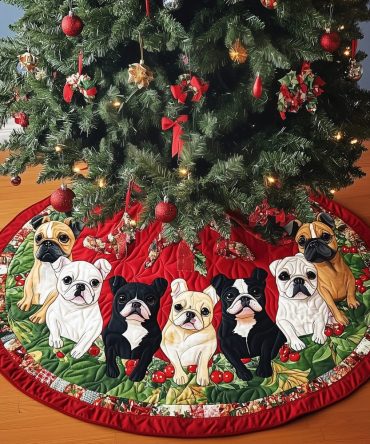 Holiday Spirit Frenchie Quilted Tree Skirt — Soft French Bulldog Christmas Accent, Festive Pet-Themed Home Decor For Holidays