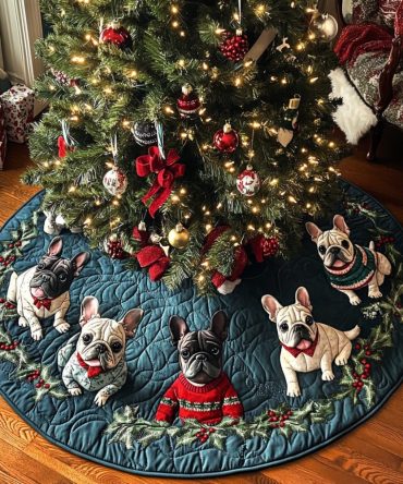 Frenchie Noel Quilted Christmas Tree Skirt - Elegant Holiday Style With Plush Quilting, Festive Prints & Easy Closure For Trees