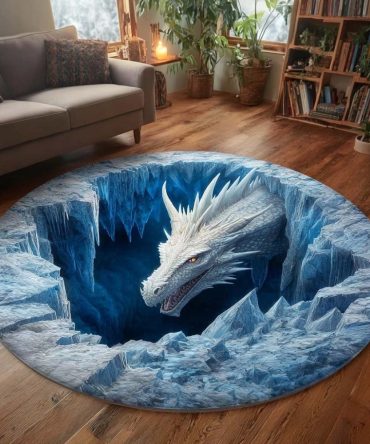 Frost Cavern Dragon Round Rug - Cool-Toned Dragon Area Rug With Icy Palette For Scandinavian, Coastal And Minimalist Interiors