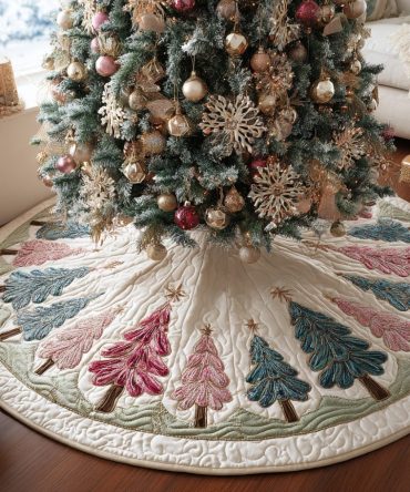 Frosted Fir Quilted Holiday Tree Skirt — Elegant Icy Fir Motif With Quilted Texture For Winter Wonderland Décor