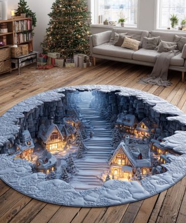 Frost Valley Magic Round Rug — Enchanted Winter Valley Circular Area Rug With Plush Pile For Holiday Decor, Non-Slip & Easy Care