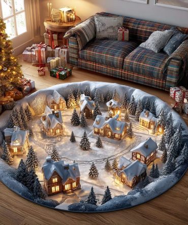 Frost Valley Round Winter Rug — Scenic Frosted Village Accent Mat, Plush Low-Pile, Non-Slip Backing, Charming Holiday Floor Decor