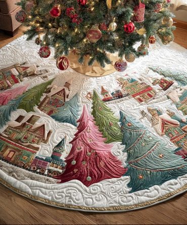 Frostbrook Village Quilted Christmas Tree Skirt — Charming Frosted Hamlet Base Cover For Classic Holiday Home Styling