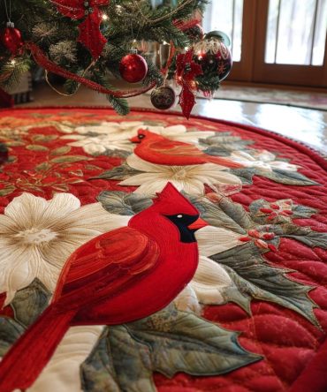 Frosted Cardinal Quilted Tree Skirt — 48-Inch Winter White & Red Holiday Base, Elegant Embroidery, Reversible & Machine Washable