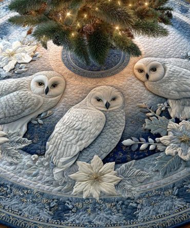 Frosted Quilted Christmas Tree Skirt — Winter Animal Motif, Icy White Holiday Tree Skirt For Cozy Seasonal Decor