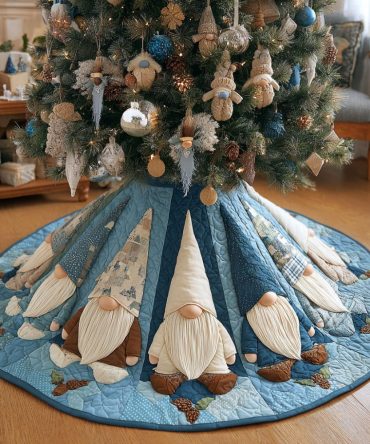 Frosted Forest Gnomes Quilted Tree Skirt — Elegant Woodland Gnome Design And Quilted Texture For Seasonal Holiday Decor