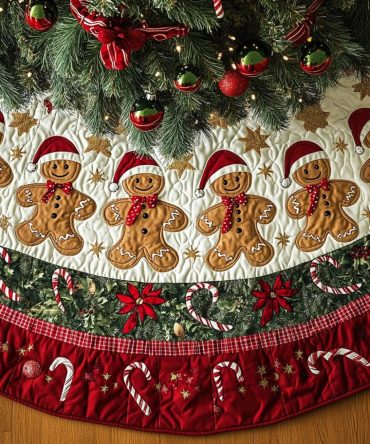 Frosted Ginger Wonderland Quilted Christmas Tree Skirt — Snowy Gingerbread Scene, Cozy Quilted Holiday Tree Base, Festive Family Decor