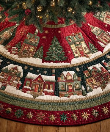 Frosted Pine Circle Quilted Christmas Tree Skirt — Pinecone & Needle Design, Cozy Quilted Holiday Tree Mat For Rustic Homes