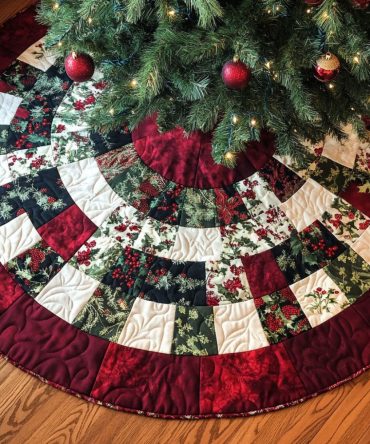 Frosted Pines Quilted Tree Skirt — Winter Pine Motif Christmas Skirt, Cozy Quilting, Reversible, Perfect For Rustic & Modern Homes