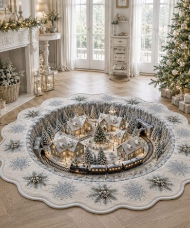Frosted Railway Village - Custom-Shaped Holiday Train Rug With Frosted Village Illustration, Low-Pile Indoor Rug, Machine Washable