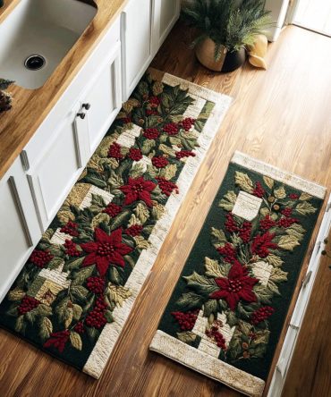 Festive Frosted Red Blossom Kitchen Runner Rug — Non-Slip, Machine-Washable Christmas Mat For Cozy Holiday Floors