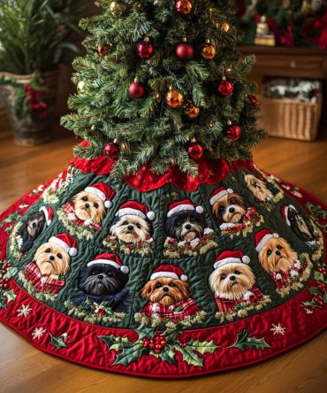 Frosted Quilted Shih Tzu Christmas Tree Skirt — Icy Holiday Design With Quilted Padding, Decorative Tree Mat, Durable & Easy To Maintain