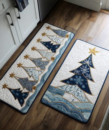 Frosted Tree Spark Kitchen Runner Rug — Anti-Slip, Machine-Washable Winter Holiday Mat With Glittering Evergreen Accents
