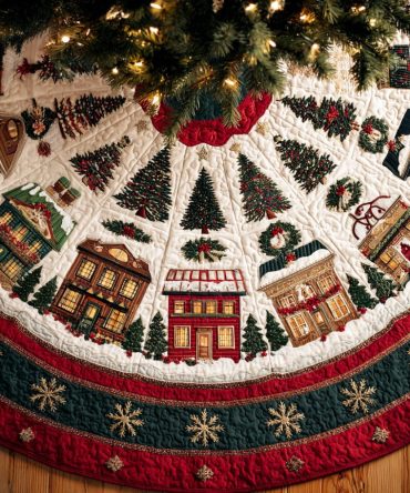 Frostlight Forest Path Quilted Christmas Tree Skirt — Enchanted Woodland Holiday Skirt, Plush Quilted Tree Base Mat