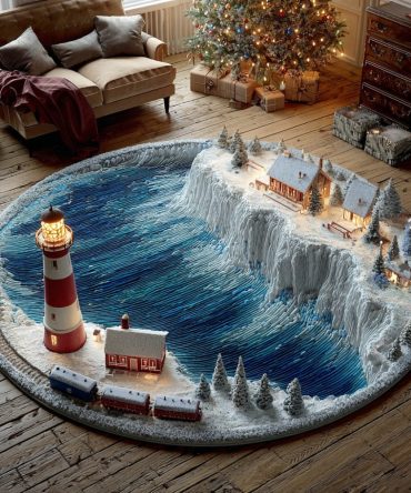 Frostlight Horizon Decorative Round Rug — Luminous Winter Horizon Circular Area Rug, Soft Plush Accent For Living Room & Holiday Seasons