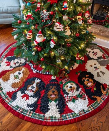 Frosty Bernedoodle Quilted Christmas Tree Skirt — Winter Wonderland Dog Breed Decor, Plush Cotton Blend, Gift For Bernedoodle Owners