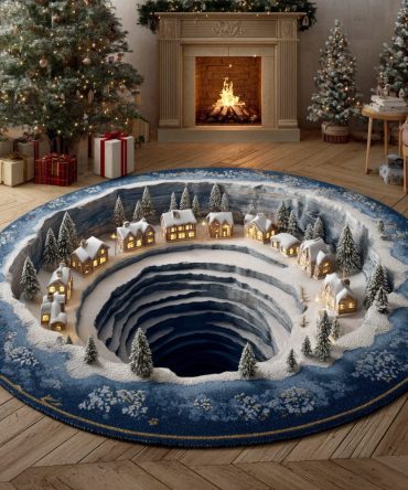 Frosty Christmas Village Round Rug — Snowy Holiday Area Rug With Charming Village Print , Plush, Anti-Slip Backing, Easy Maintenance