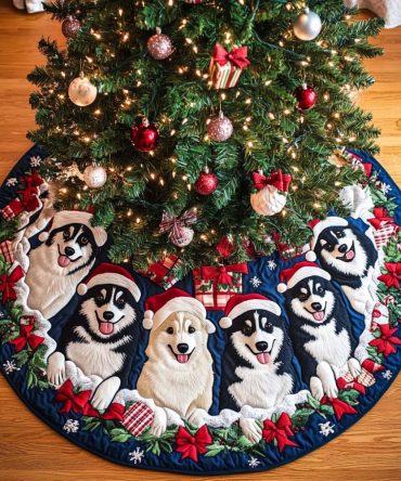 Frosty Companions Quilted Christmas Tree Skirt , Festive Pet-Themed Tree Skirt, 48In Quilted Cotton, Easy-Care Holiday Decor