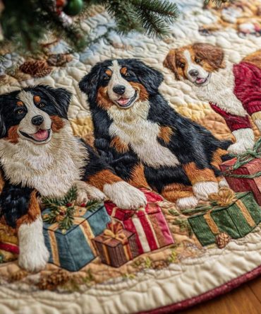 Frosty Companions Quilted Holiday Tree Skirt — Winter Animal Motif Plush Base Cover, Soft Snow-Themed Christmas Décor Accent
