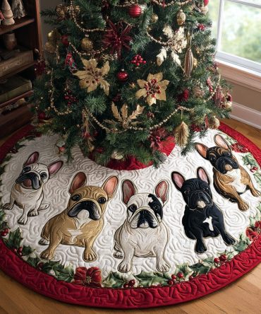 Frosty French Bulldog Quilted Christmas Tree Skirt - Cozy Winter Charm, Soft Quilting & Easy-Fit Design For Holiday Decorating