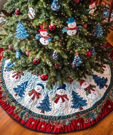 Frosty Friends Quilted Tree Skirt — Cute Snowmen & Winter Motifs, Soft Padding & Festive Base Cover For Cozy Holiday Displays