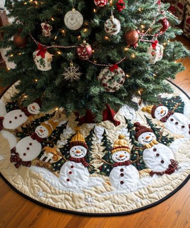 Frosty Friends Quilted Tree Skirt — Whimsical Snow Friends Patchwork For Christmas Trees, Soft Quilted Comfort, Easy-Care Festive Base
