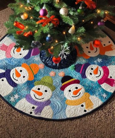 Frosty Friends Quilted Holiday Tree Skirt - Cute Snowman & Winter Characters Christmas Tree Skirt For Family-Friendly Decor
