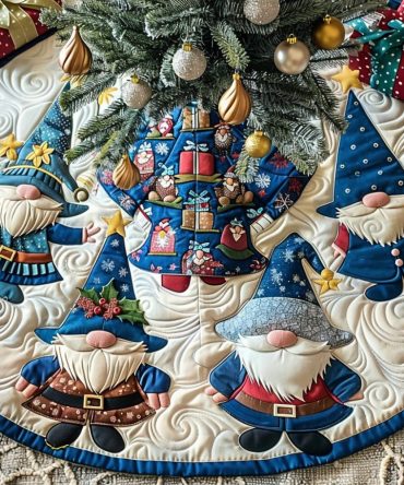 Frosty Gnome Magic Quilted Tree Skirt , 60" Winter Wonderland Christmas Tree Collar - Quilted Insulation, Easy Care