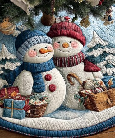 Frosty Hug Duo Quilted Christmas Tree Skirt — Sweet Snow Couple Design, Premium Quilted Holiday Skirt To Complete Your Christmas Decor